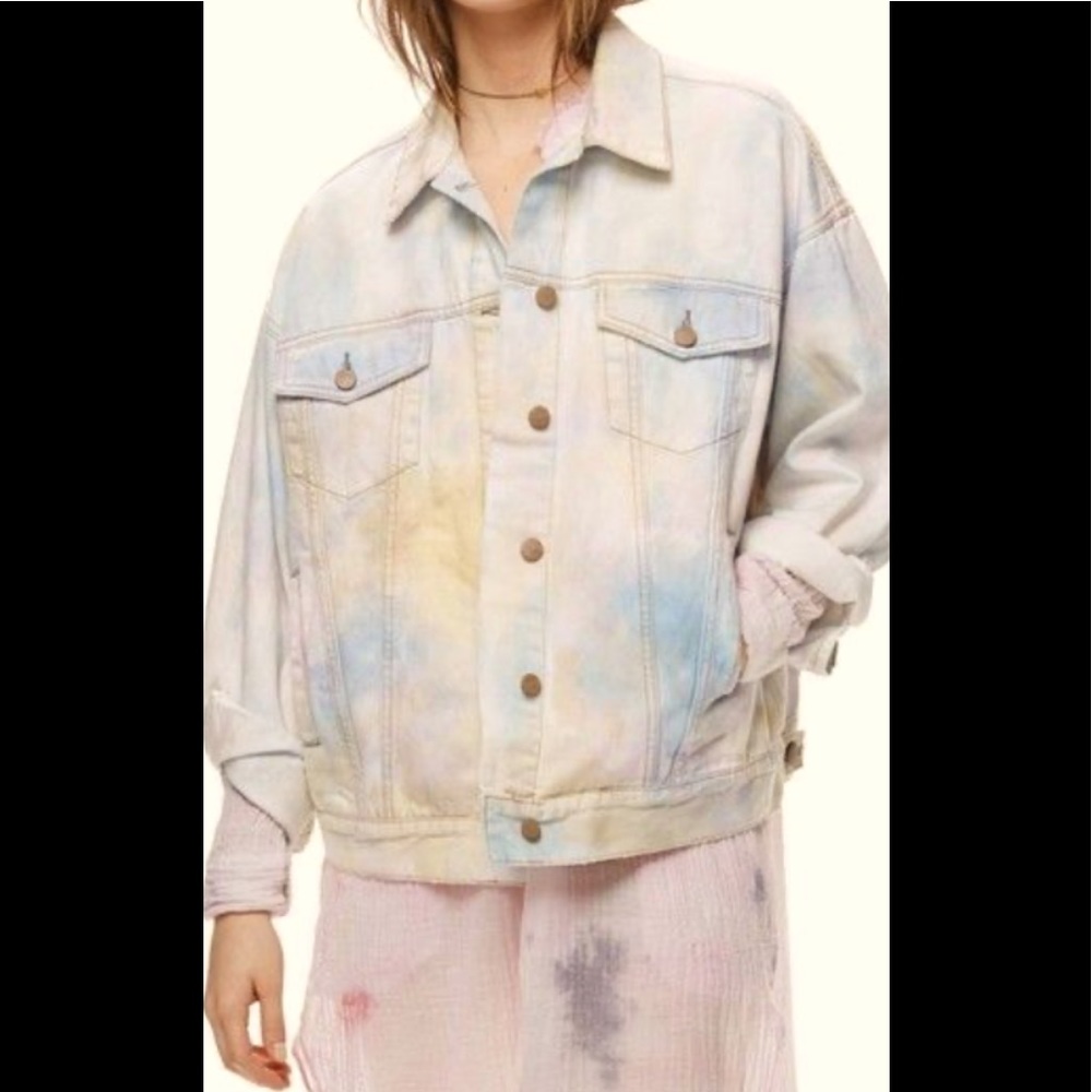 Free People Watercolor Tie Dye Trucker Jean Jacket XS S 48”